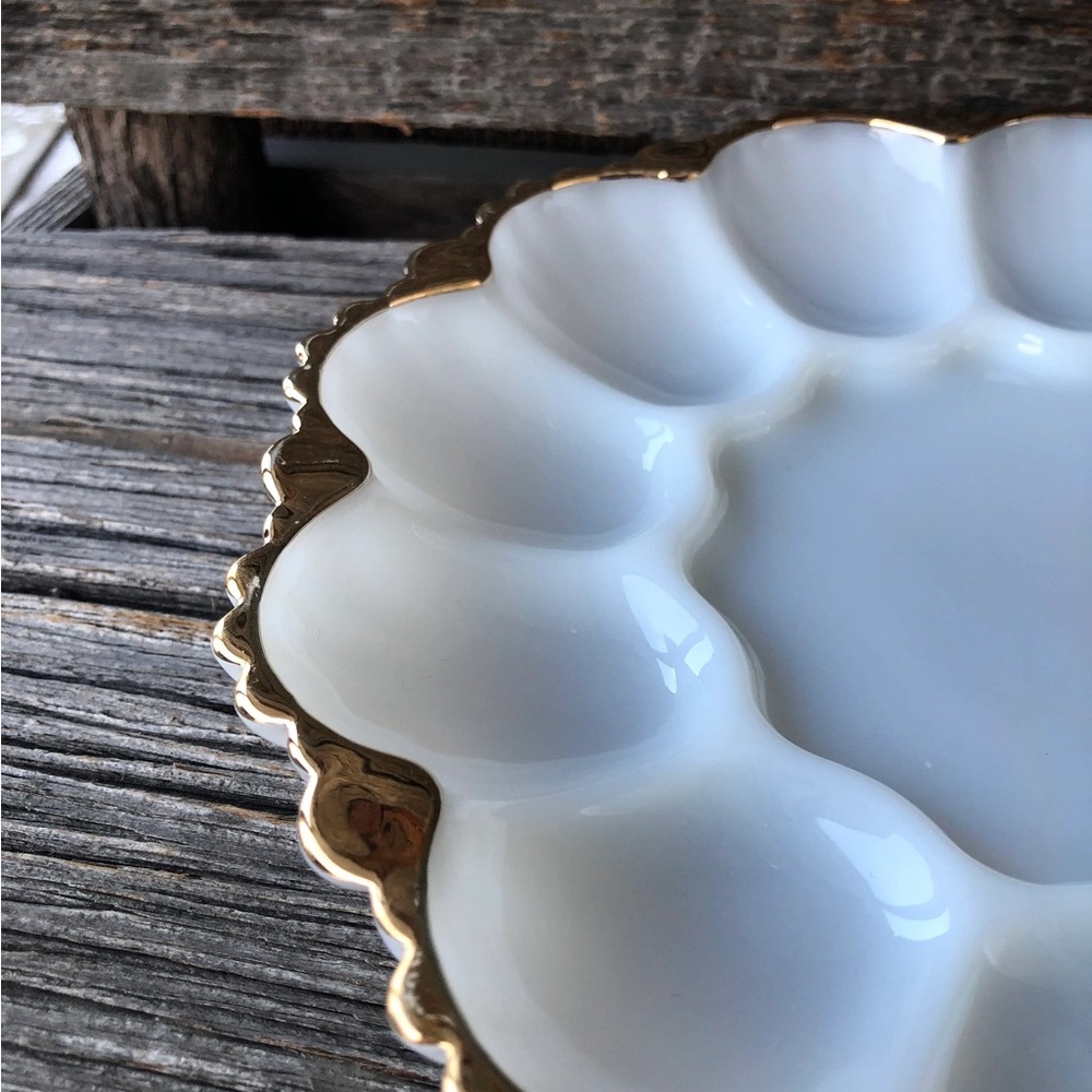 Milk Glass vintage Egg dish Fire-King Anchor Hocking deviled egg plate gold trim - Picture 3 of 11